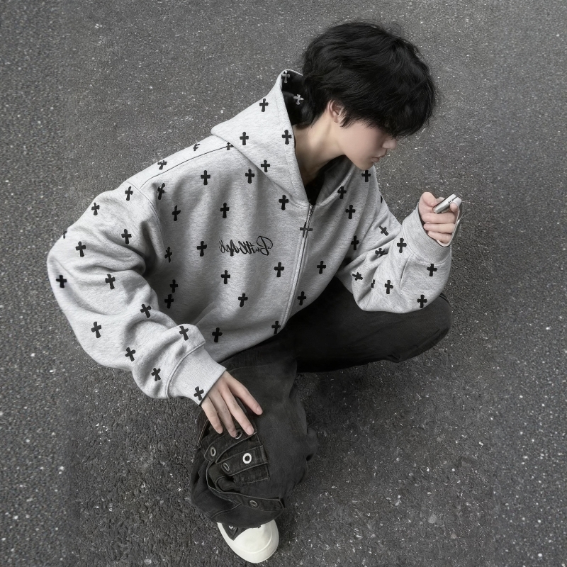 少年感美式复古刺绣开衫拉链连帽卫衣男加绒宽松情侣纯棉外套女潮