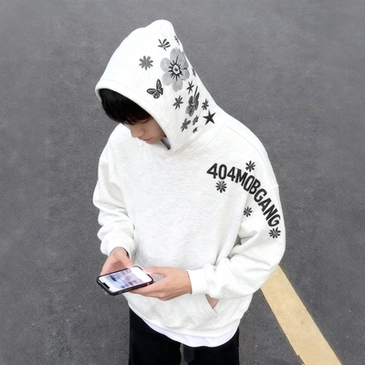 美式高街刺绣蝴蝶字母连帽卫衣男秋冬加绒宽松情侣纯棉帽衫女潮牌