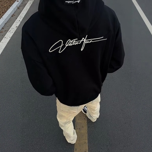 美式高街字母刺绣纯棉连帽卫衣男潮牌秋冬宽松加绒加厚情侣帽衫女