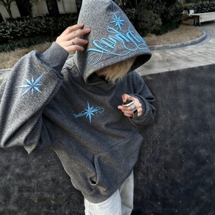 外套女 宽松潮牌加绒帽衫 国潮美式 高街北极星刺绣连帽卫衣男情侣款