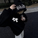 美式 街头风字母刺绣连帽卫衣男黑色十字架宽松高街国潮情侣外套女