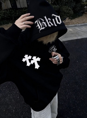 美式街头风字母刺绣连帽卫衣男黑色十字架宽松高街国潮情侣外套女