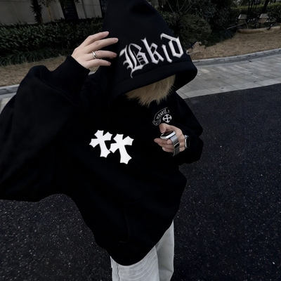美式街头风字母刺绣连帽卫衣男黑色十字架宽松高街国潮情侣外套女