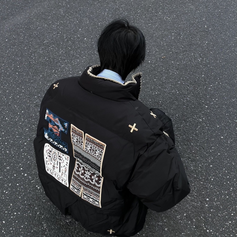 美式复古刺绣十字架棉衣棉服男女情侣冬季加厚保暖立领面包服外套