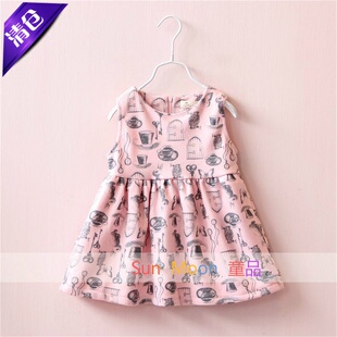 女童装无袖连衣裙子儿童秋冬季新款小兔子印花薄呢子背心裙公主裙