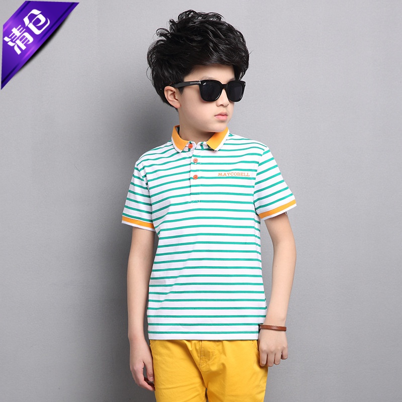 纯棉条纹翻领短袖中裤男童夏装