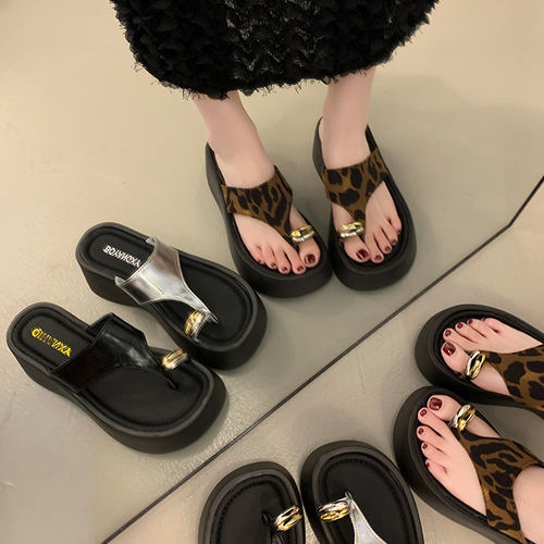 夏季豹纹厚底增高女士人字拖