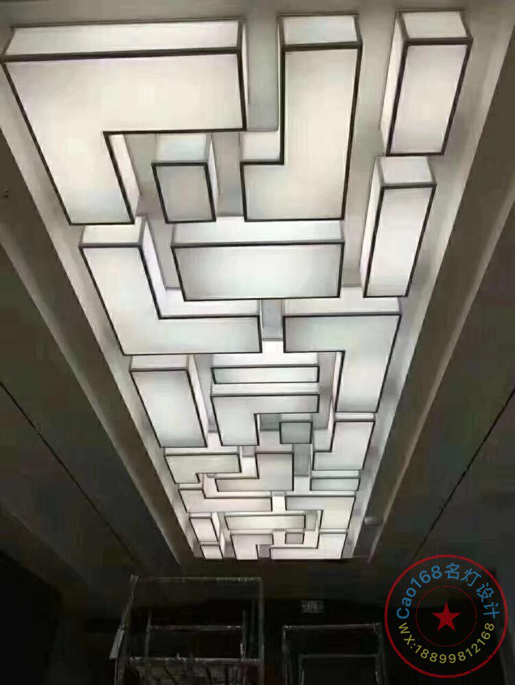 新中式茶楼酒店KTV大厅饭店包间效果吸顶异形方块拼接布艺新品灯