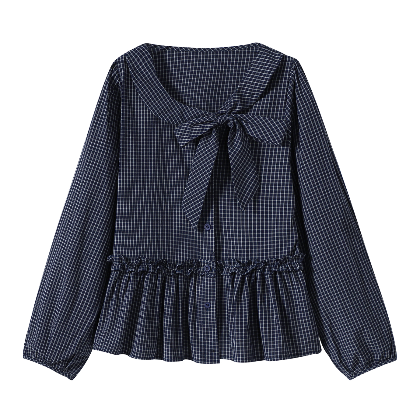 thumbnail for Coshehkg Korean plaid patchwork bow doll neck long sleeve shirt women's autumn new fashion sense top