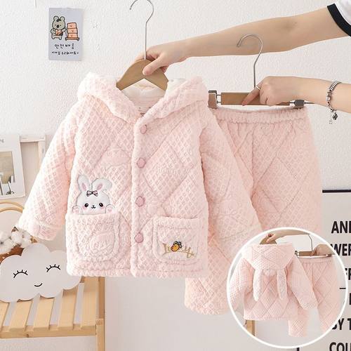 女童法兰绒睡衣三层夹棉加厚冬季儿童女孩珊瑚绒宝宝家居服套装