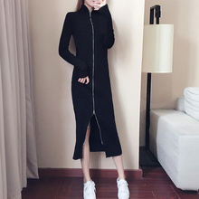显瘦女士外套毛衣裙 秋冬修身 黑色高领长款 毛衣女宽松外穿2019新款