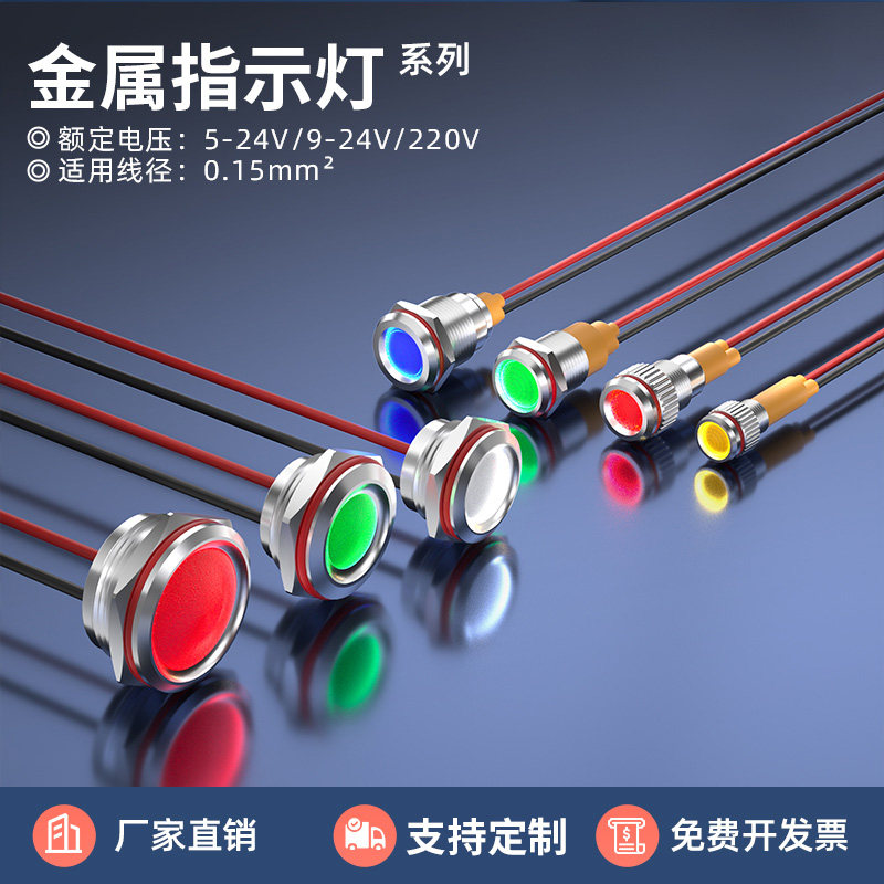 681012 16 19 22 25mm金属指示灯信号灯红绿蓝黄白色5v12V24V220v