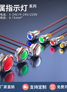 681012 16 19 22 25mm金属指示灯信号灯红绿蓝黄白色5v12V24V220v