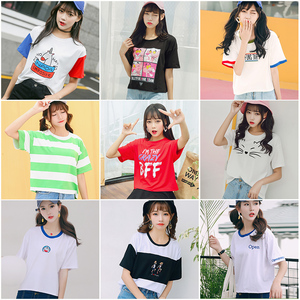 2019夏季新款学院风短袖拼接印花学生宽松条纹T恤女装刺绣上衣服
