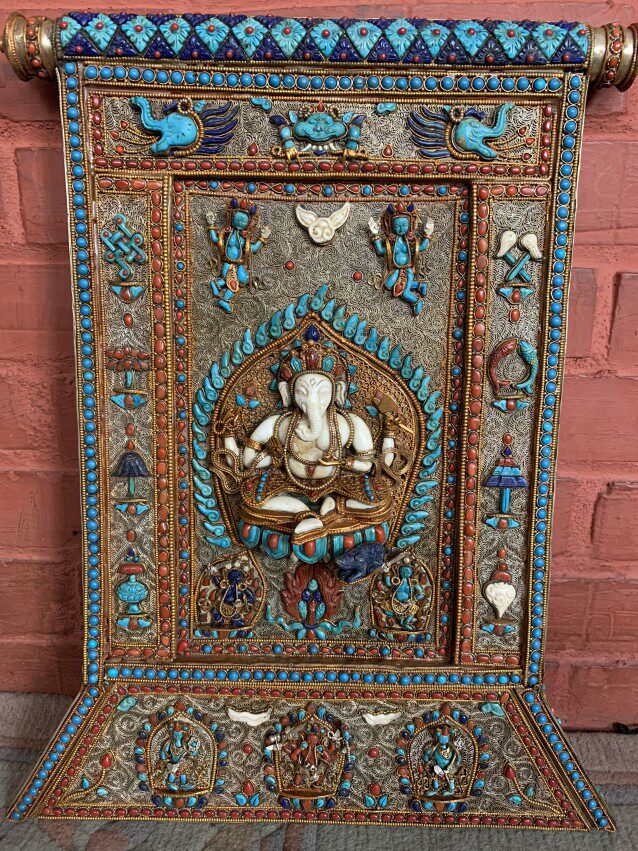 尼泊尔精品铜鎏金鎏银纯手工镶嵌宝石工艺 象鼻财神 财神挂画唐卡