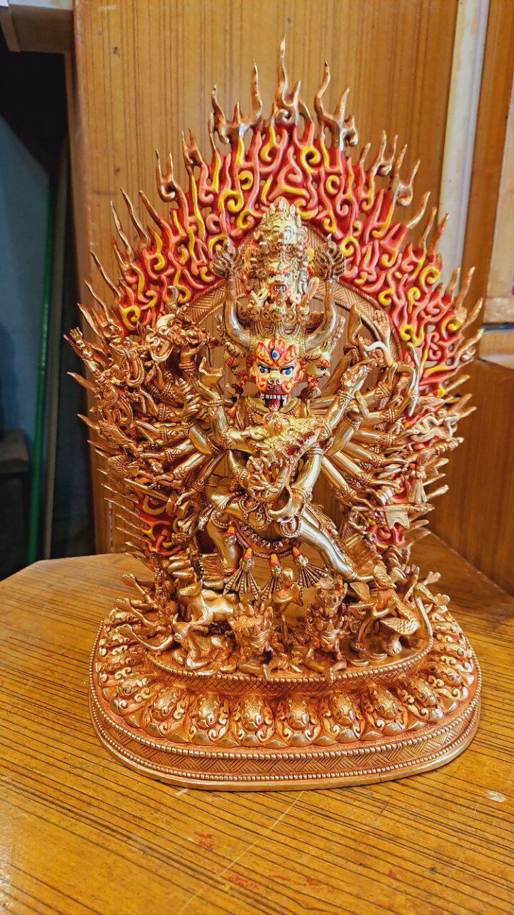 尼泊尔35cm大威德金刚佛像纯手工紫铜鎏金护法铜像