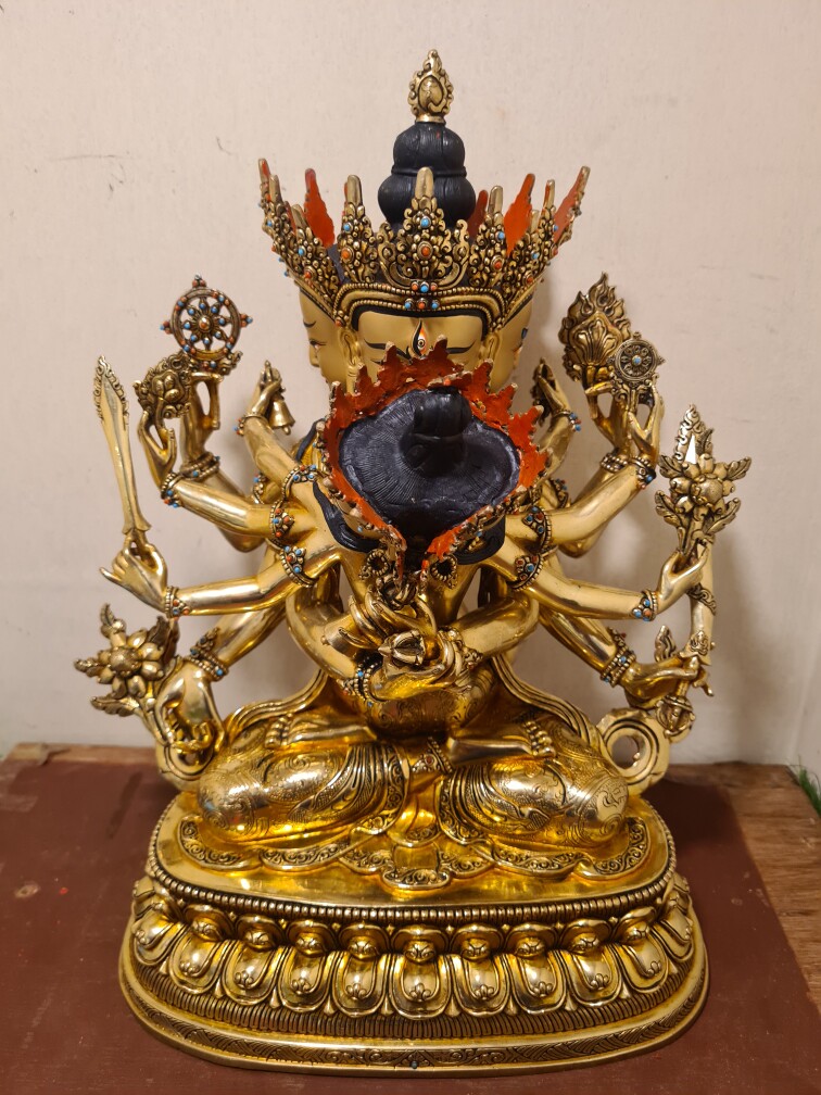 尼泊尔高档释迦族铜鎏金纯手工簪刻雕花工艺 密集金刚像 高33㎝