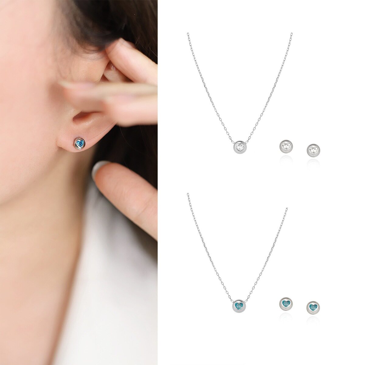 一颗钻爱心爪钻裸石 小巧耳钉项链锁骨链套装钛钢银色不掉色XL691