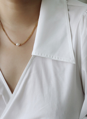 XL294 淡水珍珠米粒路路通项链女 手工锁骨链 钛钢镀18K金保色