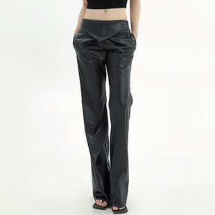 LE.LIAERICO原创设计通勤百搭直筒微喇黑色哑光皮裤黑色休闲裤子