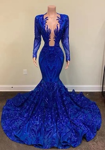 Sexy Blue Mermaid neck Royal Style Sheer Long Sequi Sleeve