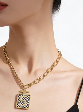 棋盘格数字5项链女毛衣链