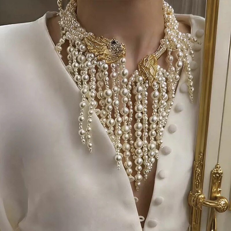 复古狮头珍珠项链女 小众设计感金属流苏颈链 宴会礼服搭配饰品