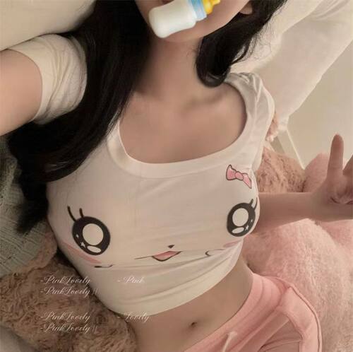 夏季伪娘变装复古U领短袖t恤大码女装大佬妹性感短上衣纯欲风男娘