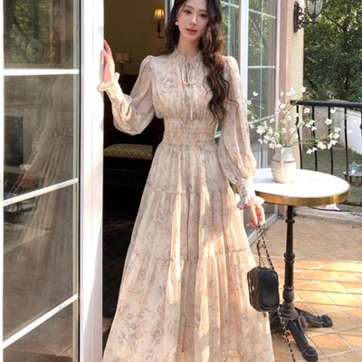 伪娘变装法式碎花雪纺男娘连衣裙长款初秋收腰女装大佬性感长裙子