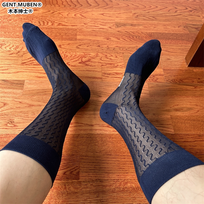 外贸出口欧美男士绅士袜波浪纹锦纶老丝袜夏天款中筒袜黑色