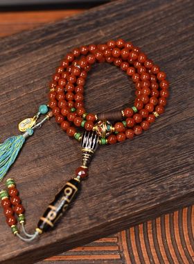 女士红玛瑙搭配天珠108项链佛珠手链