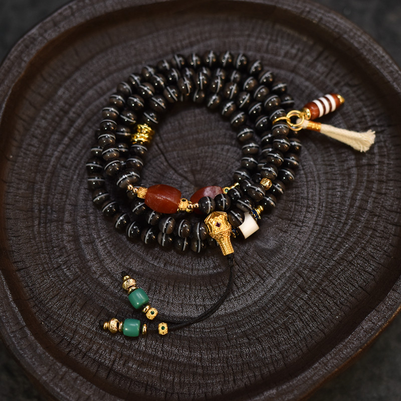 藏式民族风108颗精品一线药师黑灰渐变佛珠项链手链