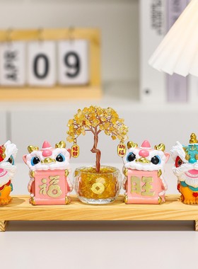 马年福旺醒狮舞龙水晶发财树摆件