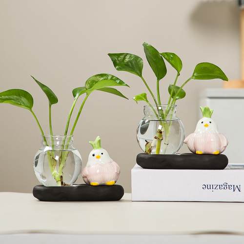 陶瓷可爱蒜鸟绿萝水培花瓶家居摆件办公室桌面插花器皿创意装饰品