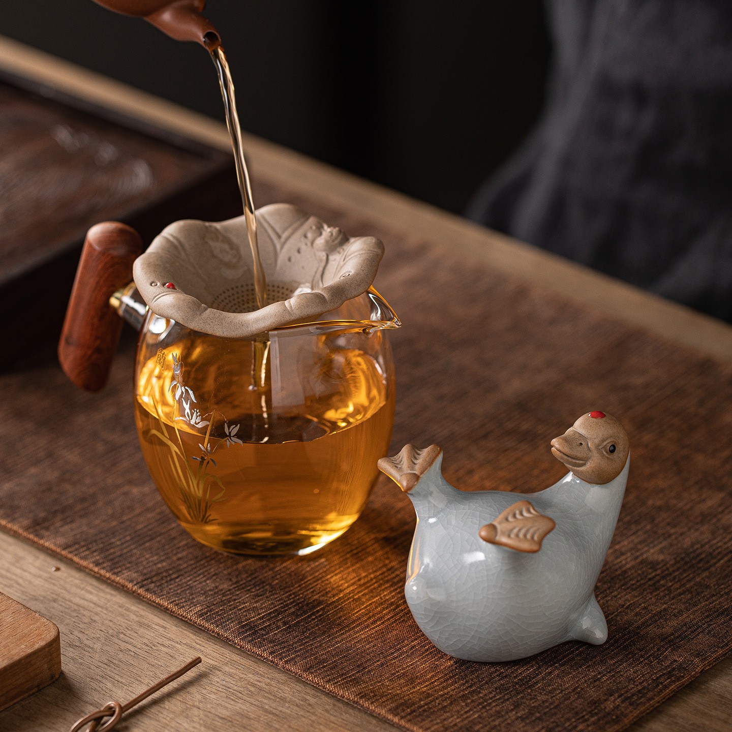 中式汝窑陶瓷小鸭子茶漏茶宠摆件