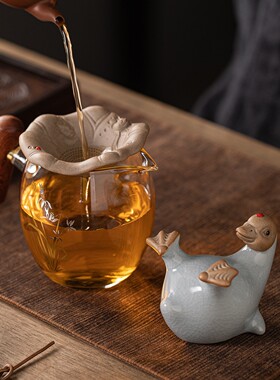 中式汝窑陶瓷小鸭子茶漏茶宠摆件