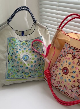 ball chain腰果花女刺绣购物手拎包袋尼龙斜挎可折叠便携手提肩包