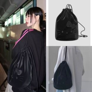 丝绒水桶双肩包斜挎包单肩包大容量猫包 韩国HelloKitty联名款