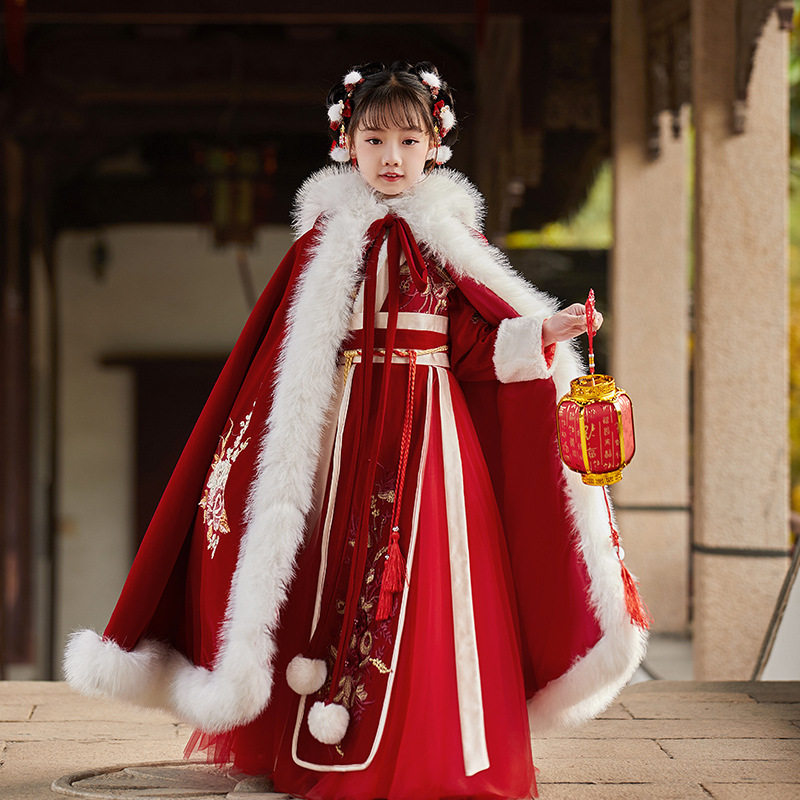 女大童汉服秋冬季拜年服加厚唐装中国风襦裙花童古装超仙新年汉服
