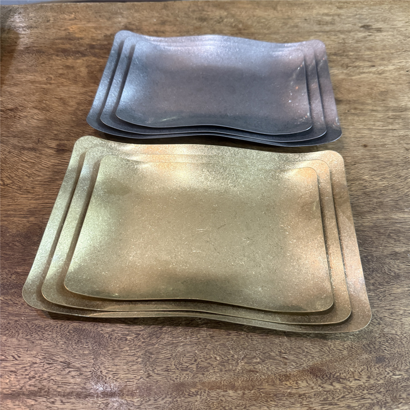 复古不锈钢长方形盘金色烤肉异形盘做旧烧烤盘商用甜品平盘浅盘子
