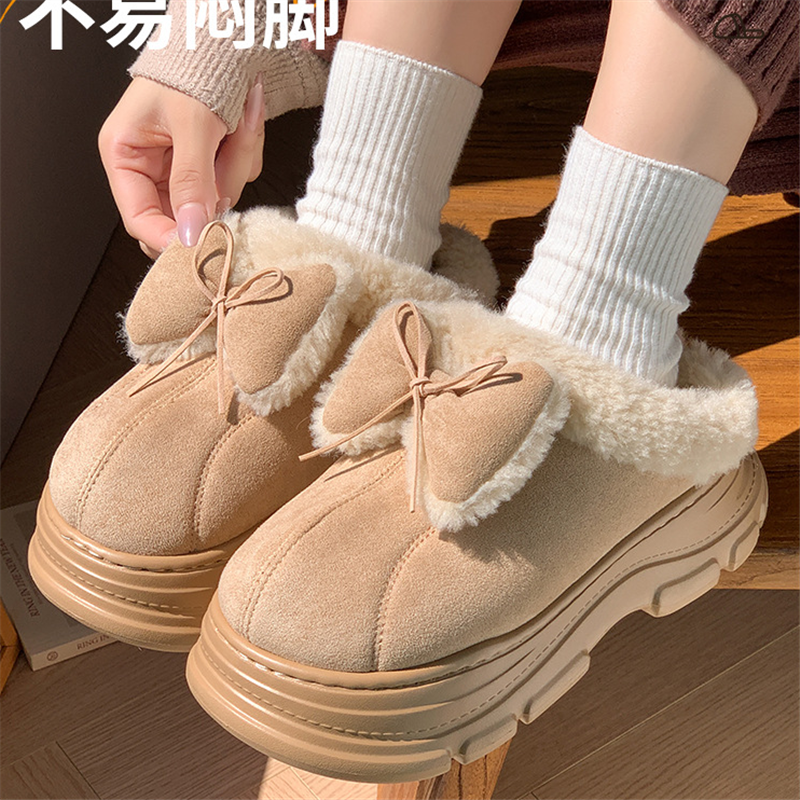 包跟棉拖鞋女冬季防滑高跟厚底两穿蝶结毛绒半跟鞋网红保暖鞋新款
