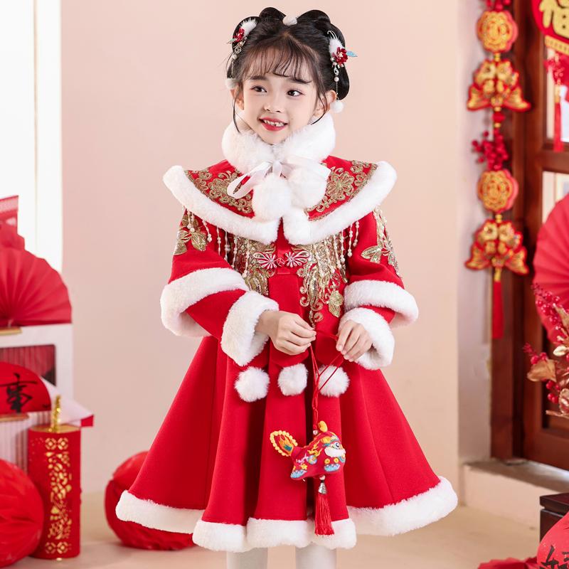 新年战袍女童拜年服2025新款国风儿童汉服冬季加厚旗袍女宝过年服