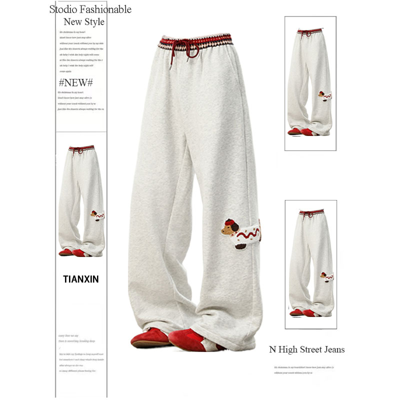 大码300斤美式腊肠狗刺绣加绒休闲卫裤女秋冬新款宽松阔腿运动裤