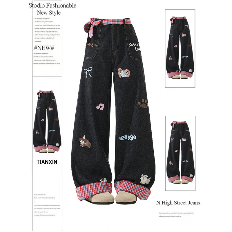 大码复古小狗刺绣格子蝴蝶结卷边牛仔裤女春季高腰显瘦直筒阔腿裤,女装/女士精品,大码裤装,淘宝优惠券,粉丝福利购,淘宝优惠卷