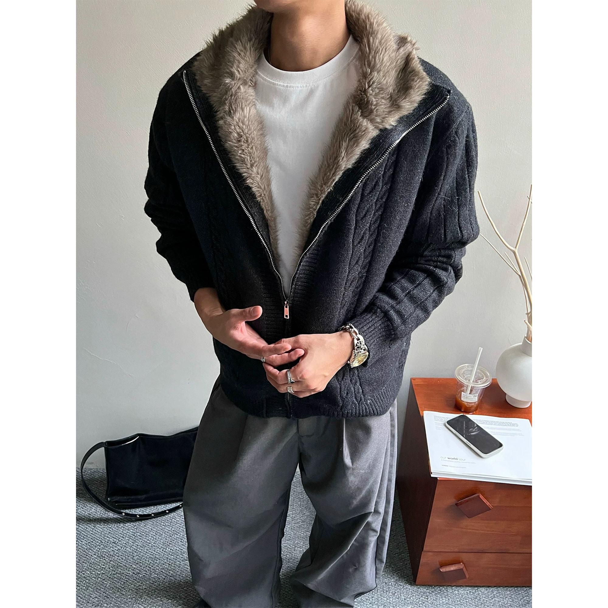 不靠脑子 美式麻花纹座山雕针织衫夹克棉衣男女宽松cleanfit外套