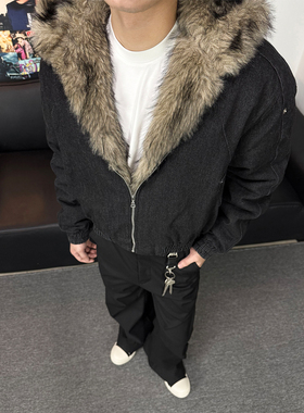 不靠脑子 美式复古座山雕连帽牛仔外套男女宽松cleanfit情侣上衣