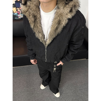 不靠脑子 美式复古座山雕连帽牛仔外套男女宽松cleanfit情侣上衣