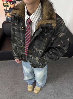 不靠脑子 美式复古毛领座山雕迷彩夹克棉衣男女飞机扣设计感外套