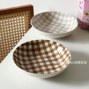 泡面碗家用时尚 格子控美式 复古高级英伦风陶瓷餐具特色小众设计款