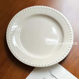 白桃先生 奶油白法式浮雕珍珠圆形陶瓷餐具盘子草帽盘简约西餐ins